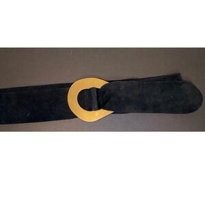 Genuine Suede Leather Wide Waist Belt Black Brushed Gold Oval Buckle Italy‎ Made